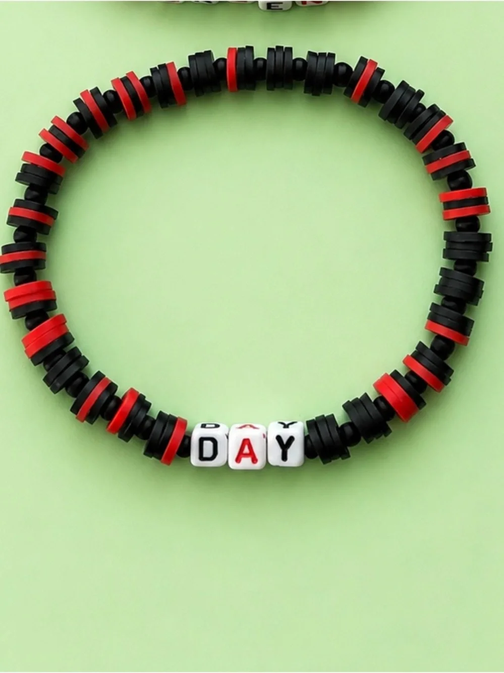 Green Day Inspired Red & Black Beaded Bracelet Set | Punk Rock Stretch 8” - Picture 2 of 3